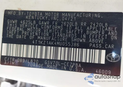 2021 Toyota Camry Xse V6 z USA, uszkodzony, nr VIN 4T1KZ1AK4MU055386